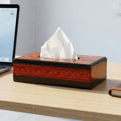 Black Wooden Tissue Box with Red Naqshi Art | Handmade by Woodenxa