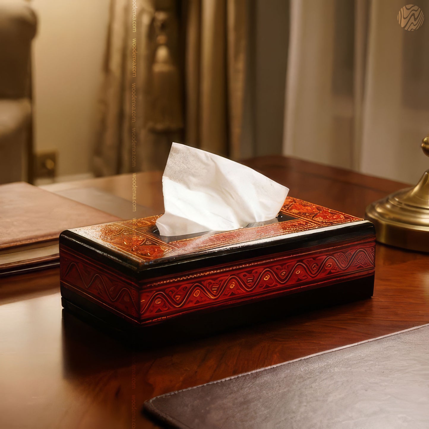 Black Wooden Tissue Box with Red Naqshi Art | Handmade by Woodenxa