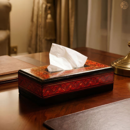Black Wooden Tissue Box with Red Naqshi Art | Handmade by Woodenxa