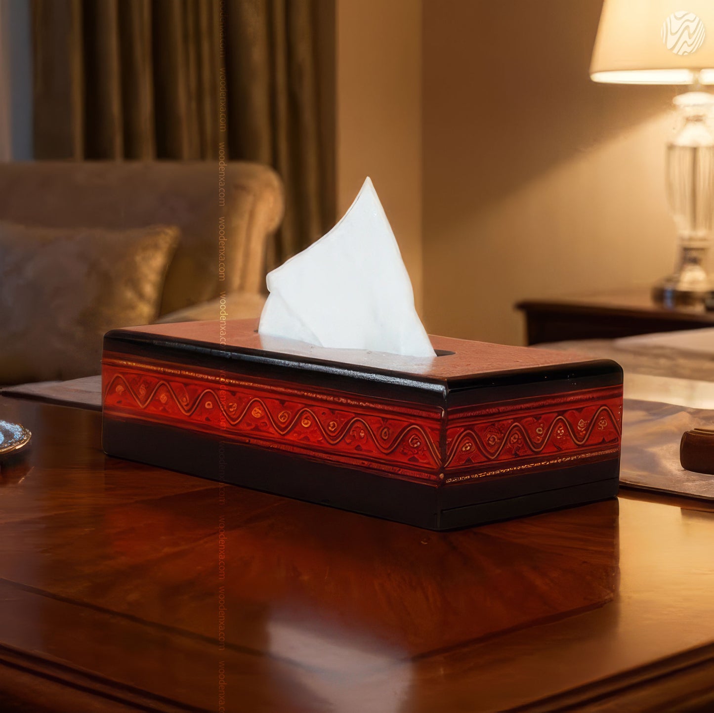 Black Wooden Tissue Box with Red Naqshi Art | Handmade by Woodenxa