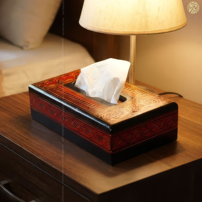 Black Wooden Tissue Box with Red Naqshi Art | Handmade by Woodenxa