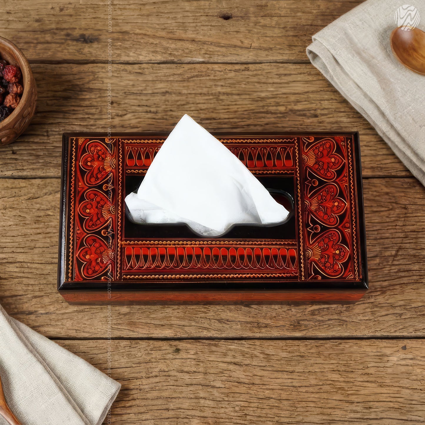Black Wooden Tissue Box with Red Naqshi Art | Handmade by Woodenxa