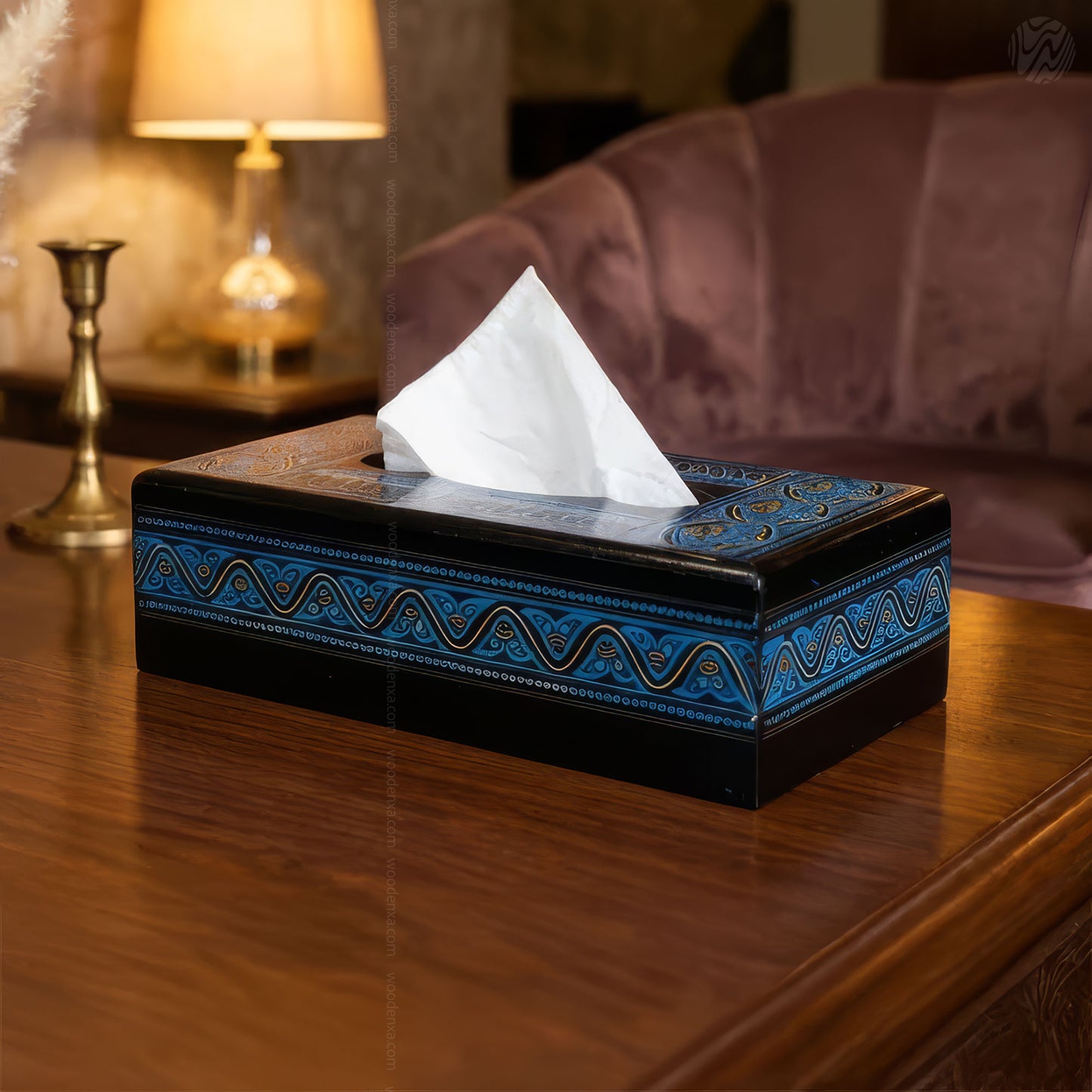 Black Wooden Tissue Box with Blue Naqshi Art | Handmade by Woodenxa