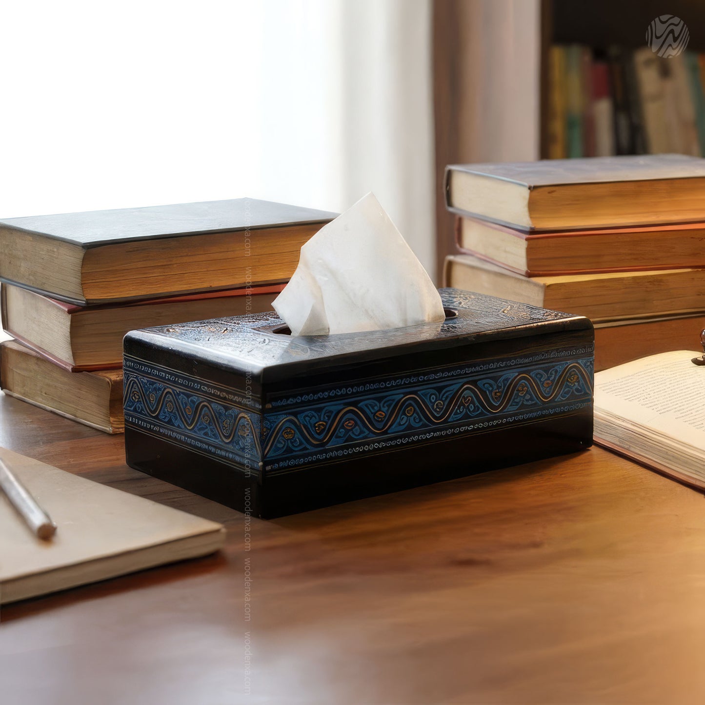 Black Wooden Tissue Box with Blue Naqshi Art | Handmade by Woodenxa
