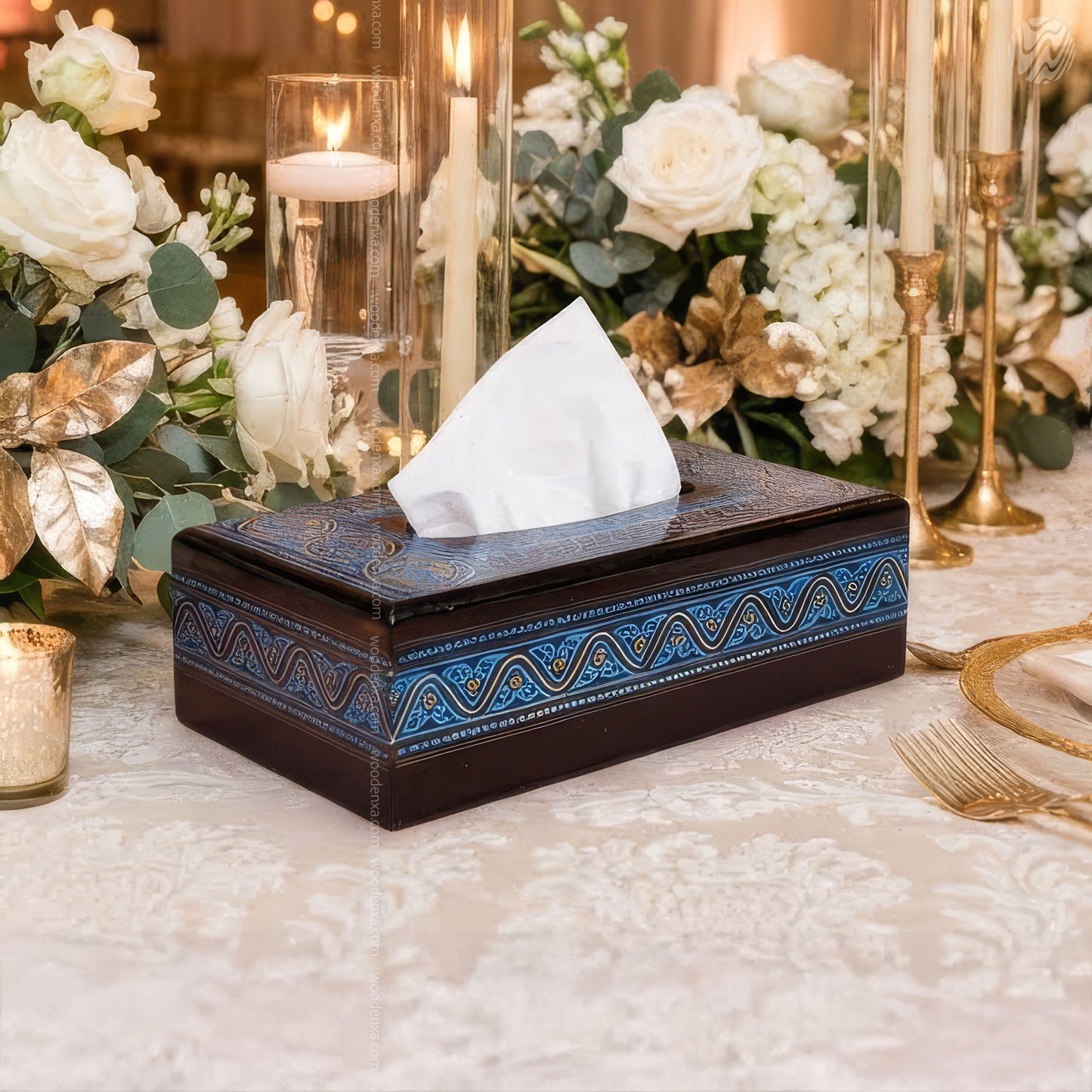 Black Wooden Tissue Box with Blue Naqshi Art | Handmade by Woodenxa