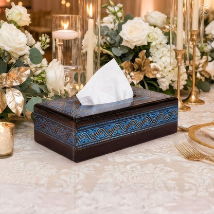 Black Wooden Tissue Box with Blue Naqshi Art | Handmade by Woodenxa