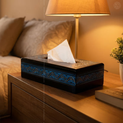 Black Wooden Tissue Box with Blue Naqshi Art | Handmade by Woodenxa