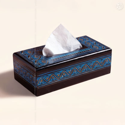 Black Wooden Tissue Box with Blue Naqshi Art | Handmade by Woodenxa