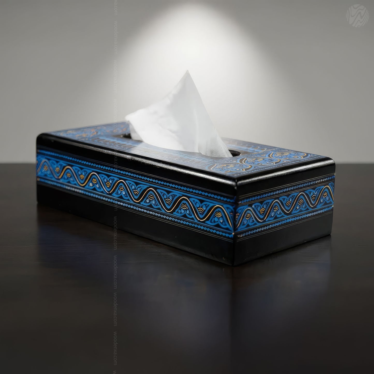 Black Wooden Tissue Box with Blue Naqshi Art | Handmade by Woodenxa