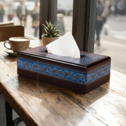 Black Wooden Tissue Box with Blue Naqshi Art | Handmade by Woodenxa