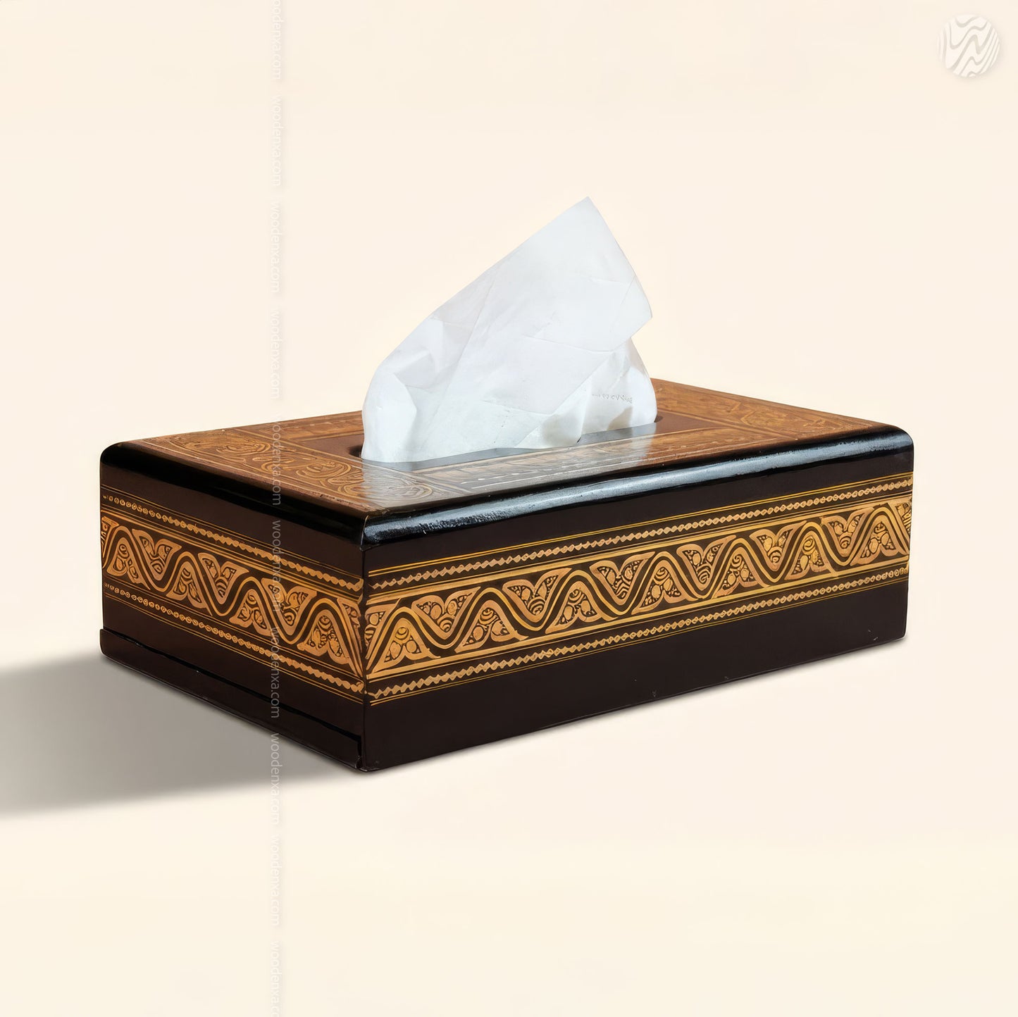 Black Wooden Tissue Box with Golden Naqshi Art | Handmade by Woodenxa