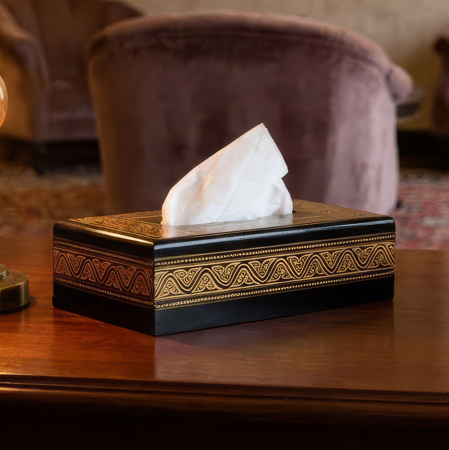 Black Wooden Tissue Box with Golden Naqshi Art | Handmade by Woodenxa